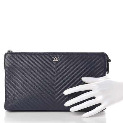 Chanel Caviar Chevron Quilted Small Zipped Pouch Navy 2 of 10
