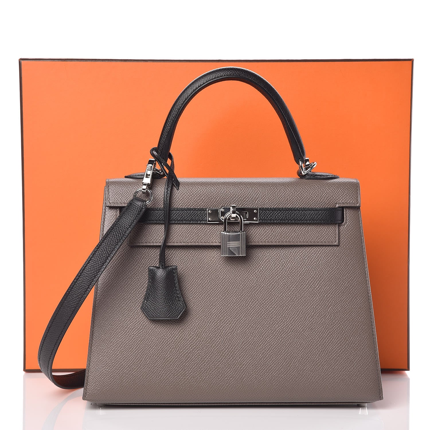 Hermes Epsom Bi Color Horseshoe Kelly Sellier 25 Etain Black 37 of 40