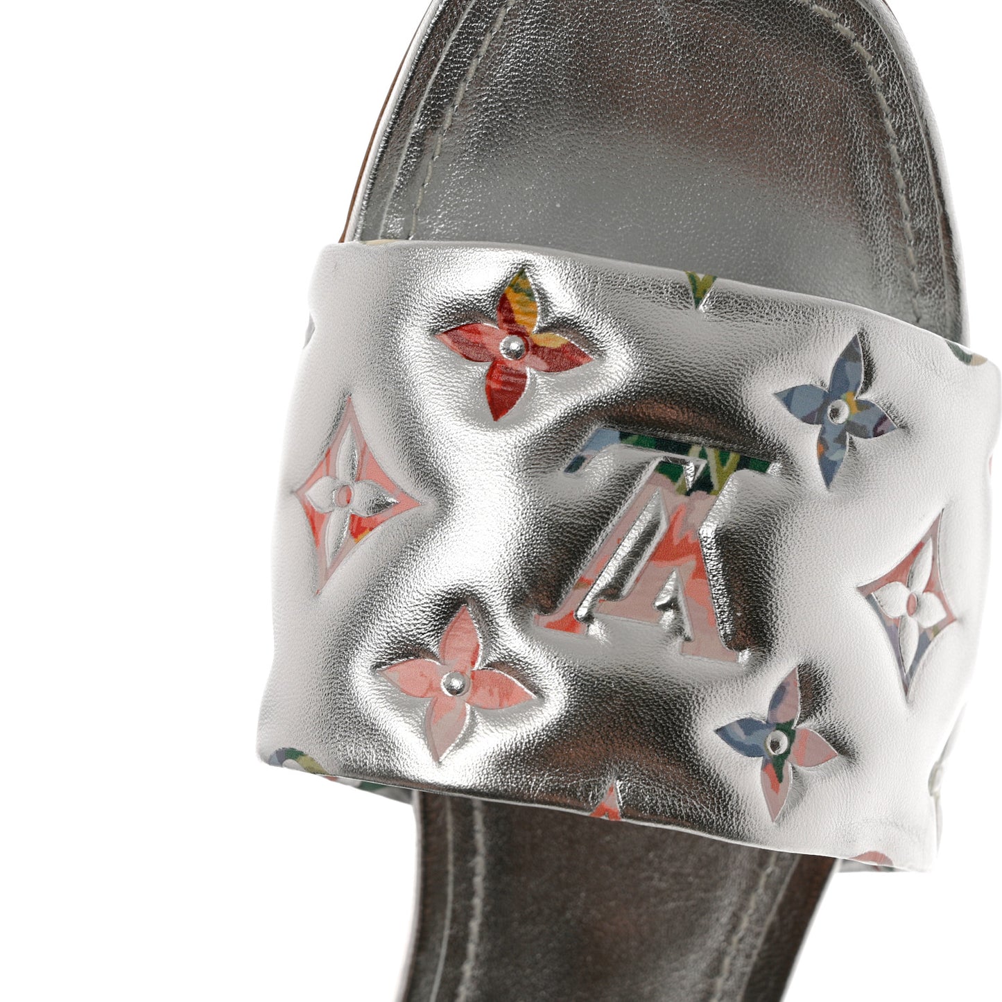 Metallic Lambskin Embossed Monogram Floral Revival Flat Mules 37 Silver