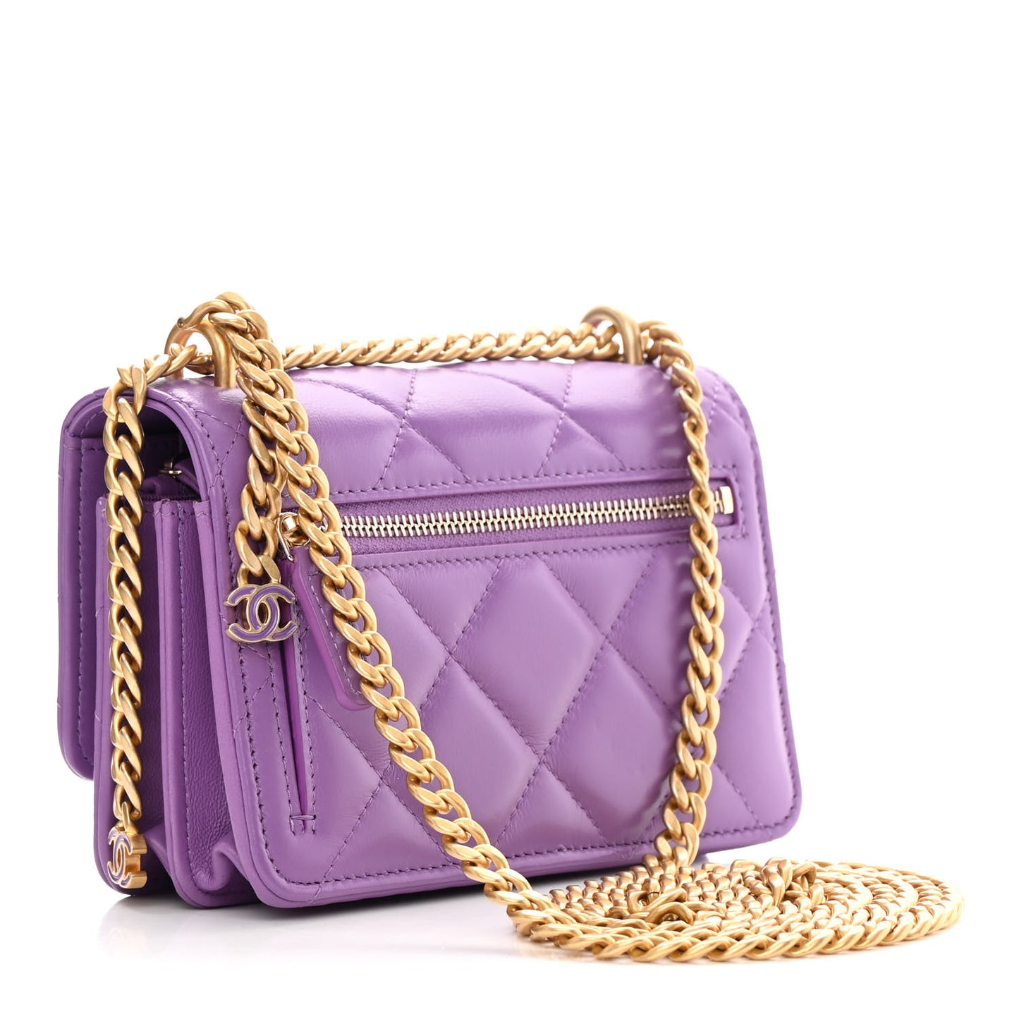 Lambskin Enamel Quilted Pending CC Clutch With Chain Purple