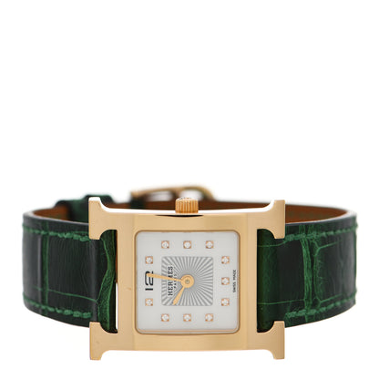 Hermes Stainless Steel Alligator Diamond Mother of Pearl 21mm Heure H Hour Quartz Watch Vert Moyen 2 of 6