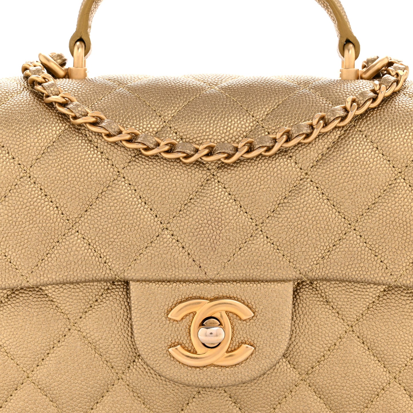 Metallic Caviar Quilted Mini Top Handle Rectangular Flap Gold