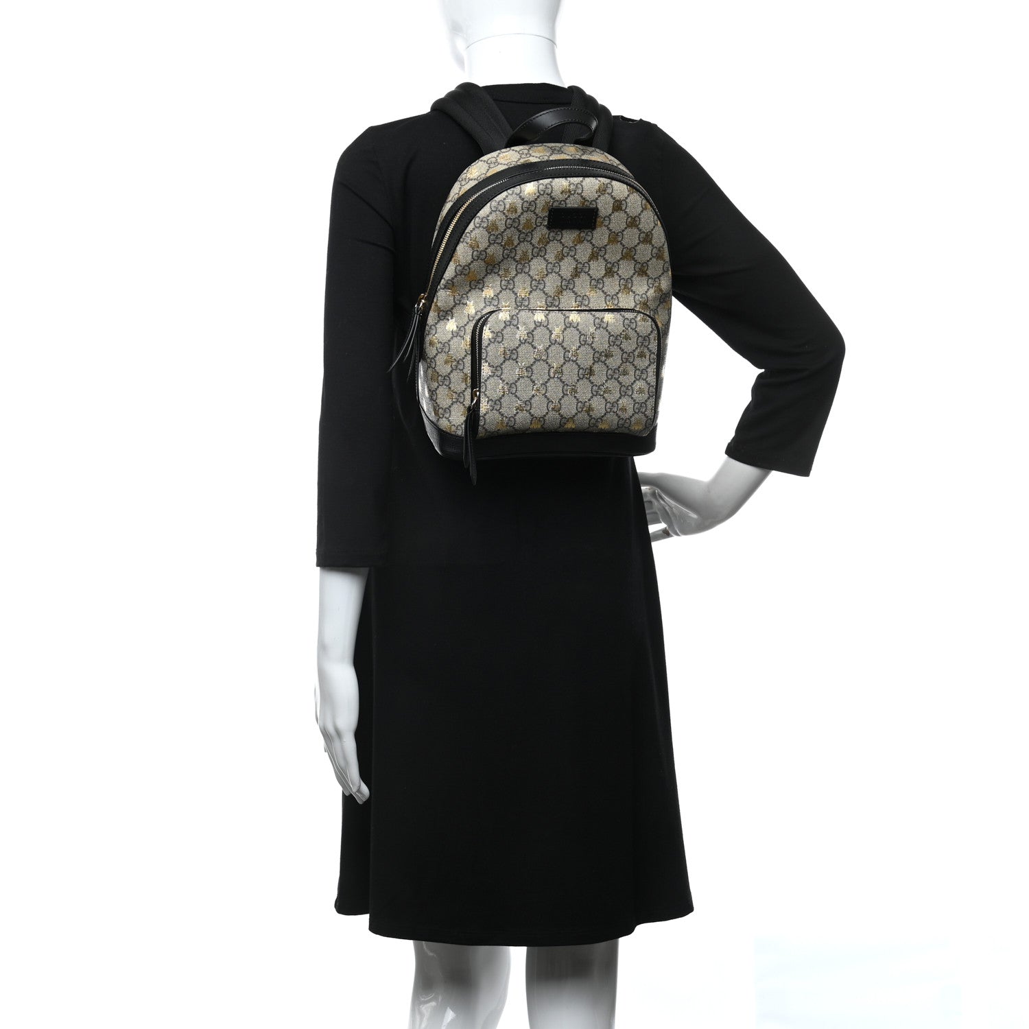 Gucci GG Supreme Monogram Bees Print Small Day Backpack Beige Oro Black 3 of 9