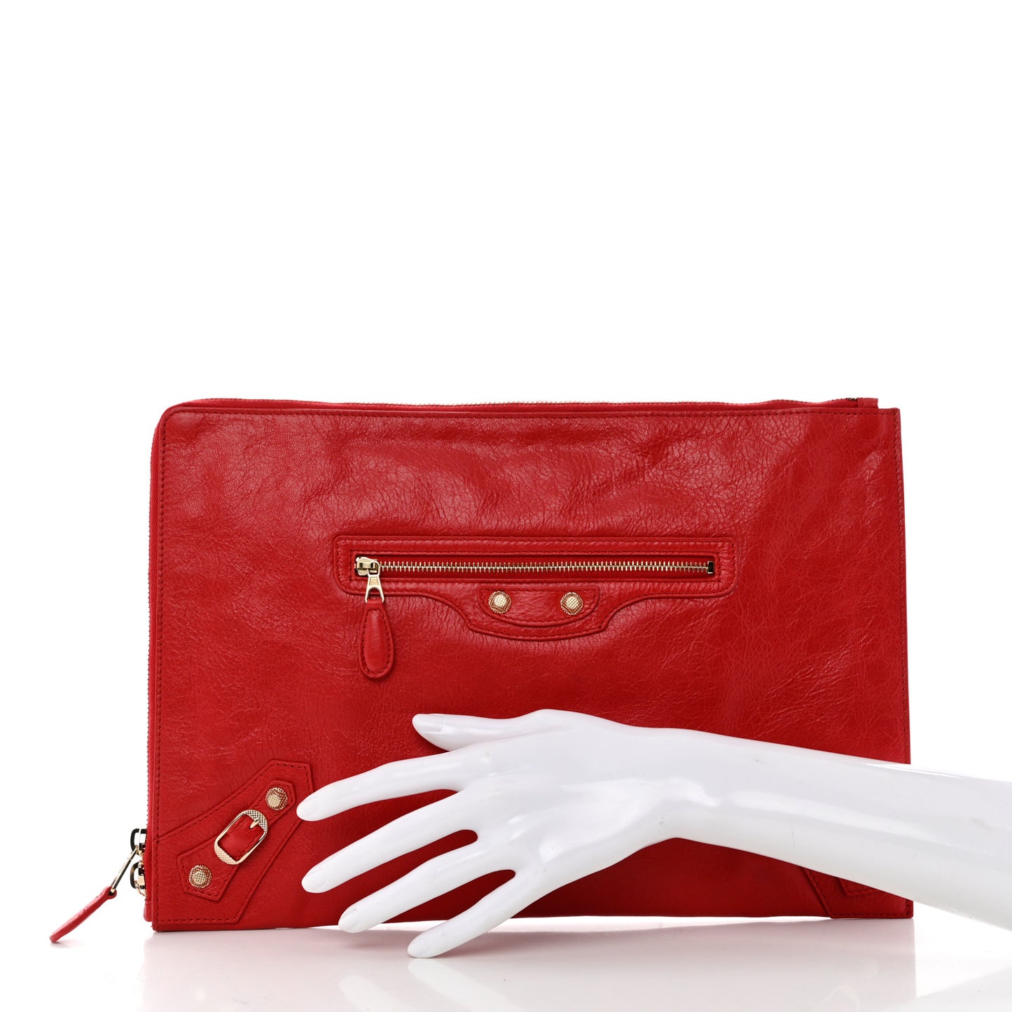 Agneau Stadio Giant 12 Gold Hardware Pouch Rouge Cardinal