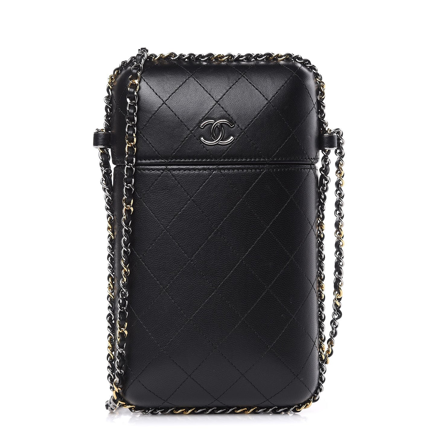 Lambskin Quilted Chain Around Phone Holder Black