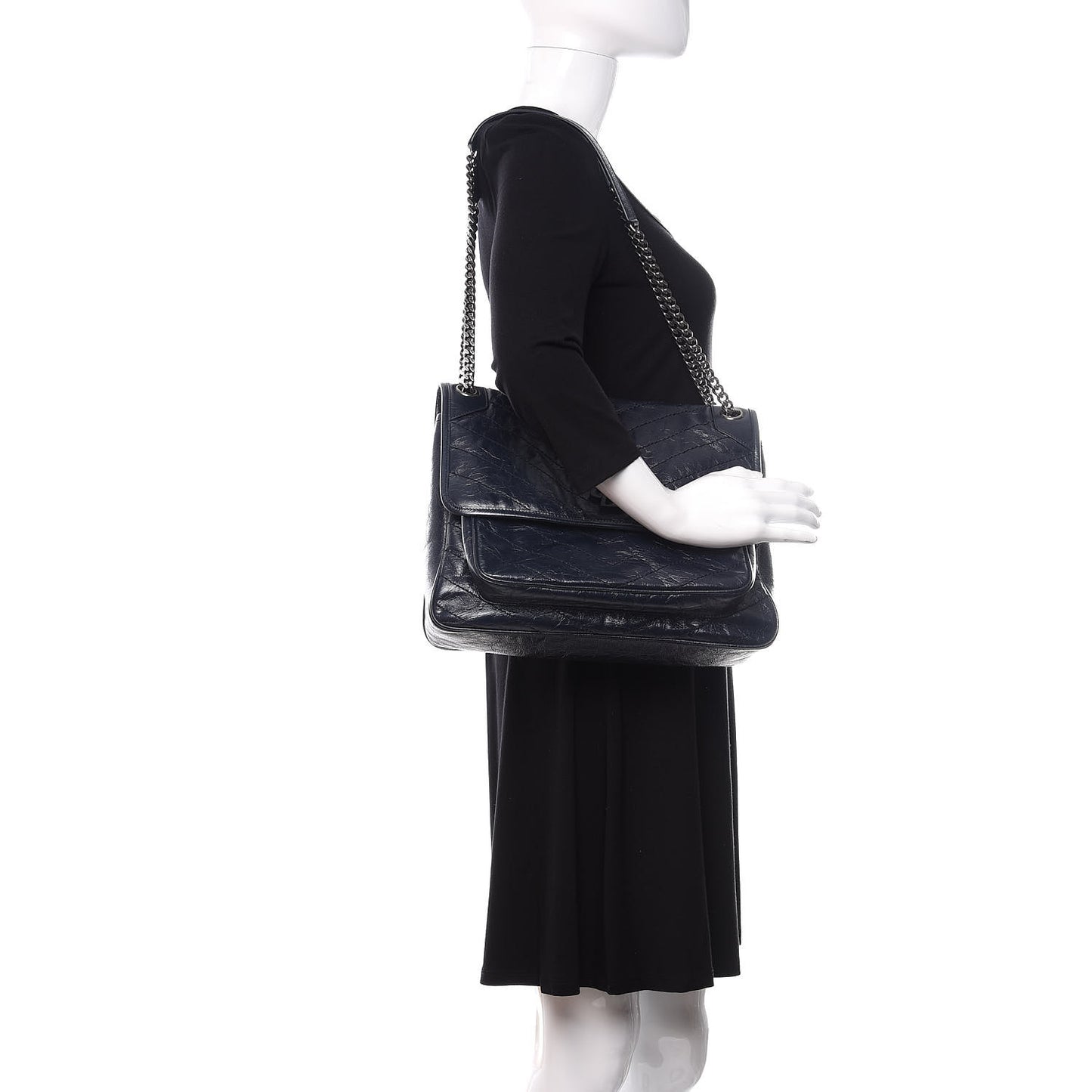 Crinkled Calfskin Matelasse Monogram Large Niki Chain Satchel Deep Marine