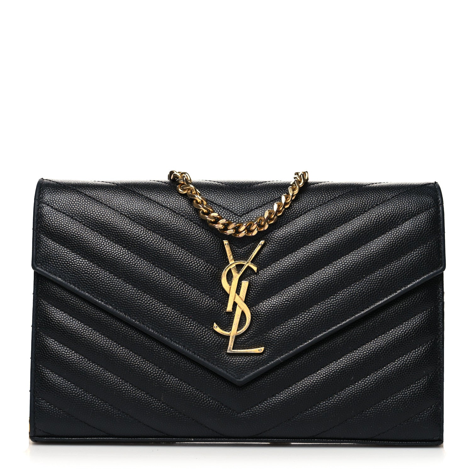 Saint Laurent Grain De Poudre Matelasse Chevron Monogram Chain Wallet Black 1 of 12
