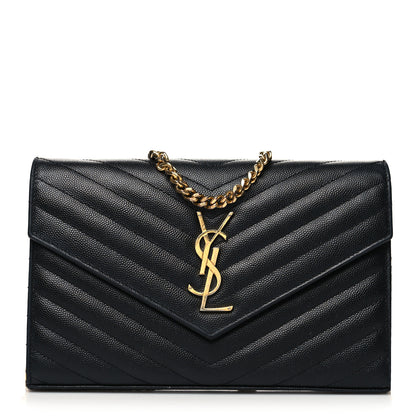 Saint Laurent Grain De Poudre Matelasse Chevron Monogram Chain Wallet Black 1 of 12
