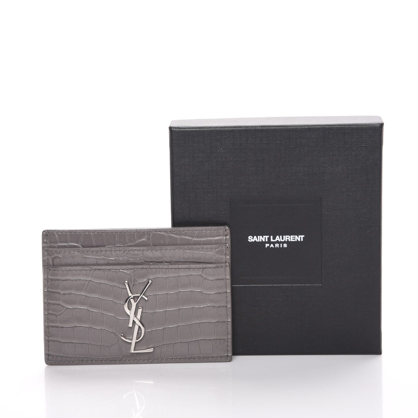 Calfskin Crocodile Embossed Monogram Card Case Fog