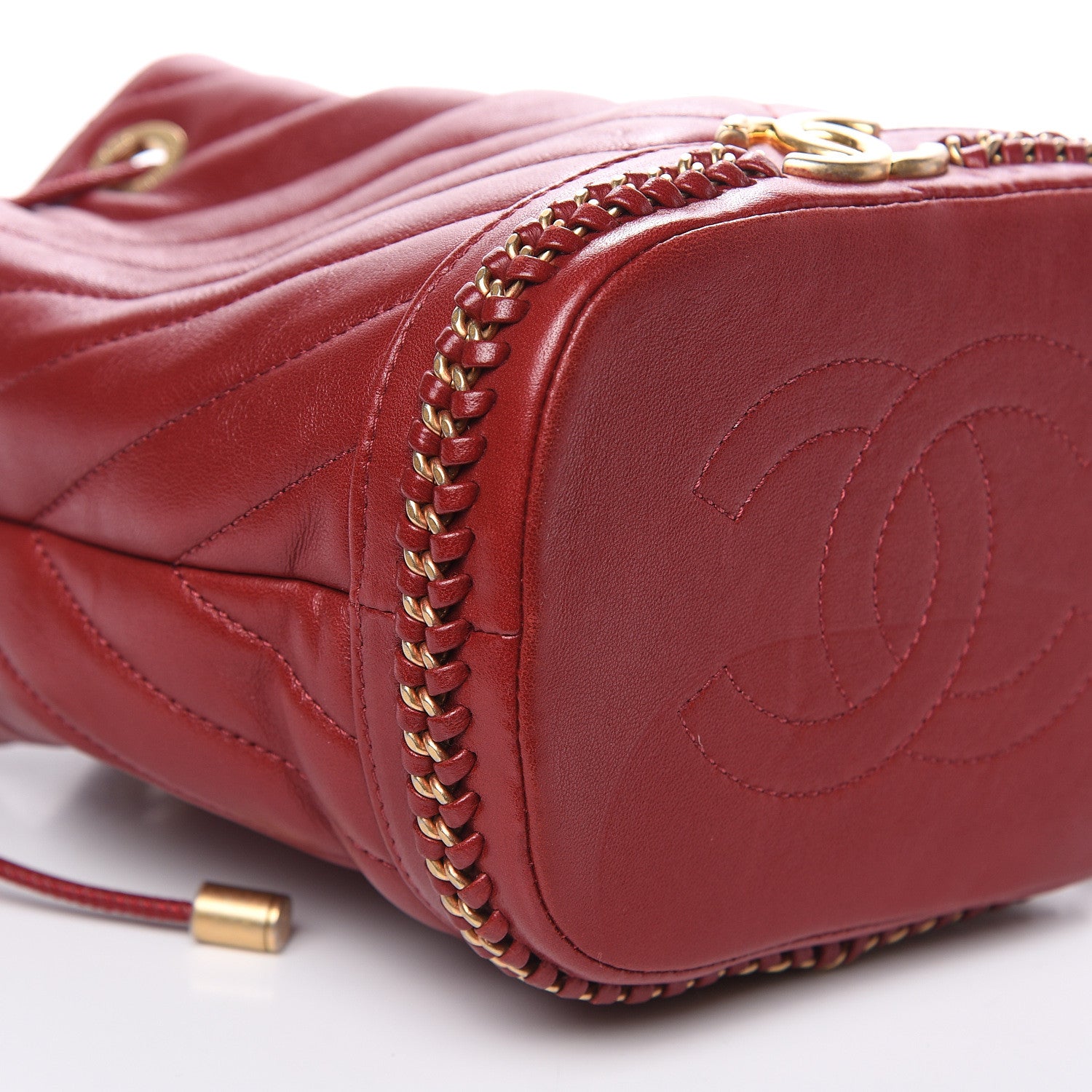 Chanel Sheepskin Chevron Quilted Small Drawstring Bag Dark Red 8 of 10