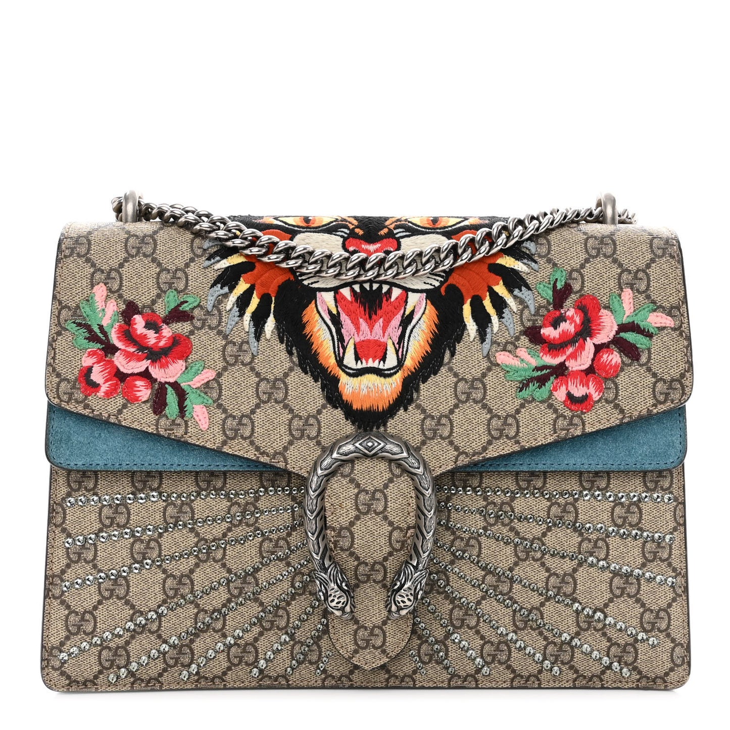 GG Supreme Monogram Angry Cat Embroidered Medium Dionysus Shoulder Bag Beige Ultramarine