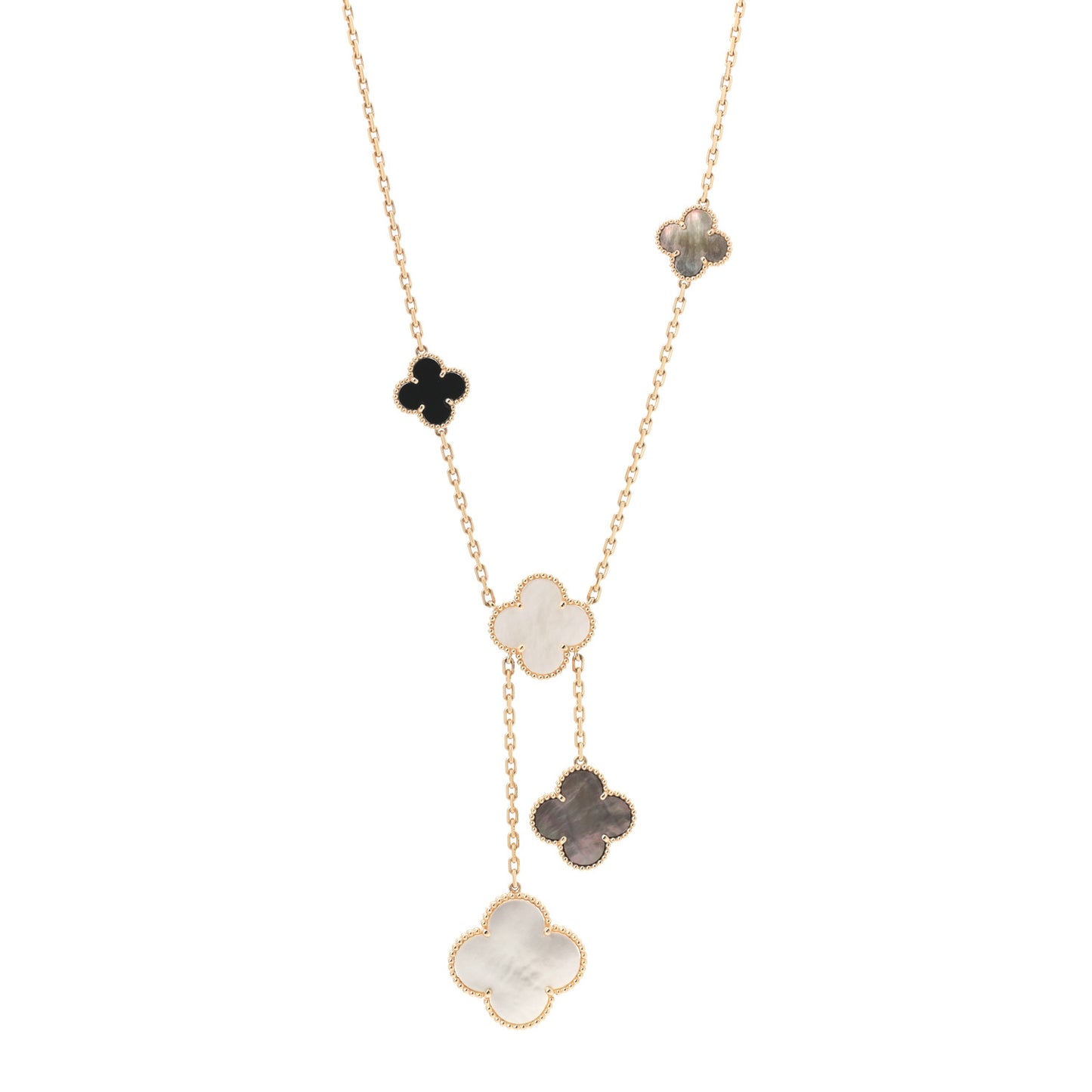 18K Yellow Gold Mother of Pearl Onyx 6 Motifs Magic Alhambra Necklace