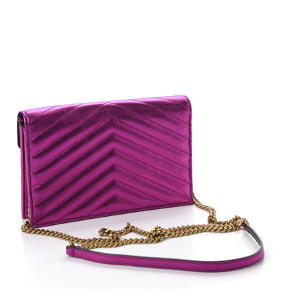 Saint Laurent Metallic Calfskin Matelasse Chevron Monogram Envelope Chain Wallet Fuchsia 3 of 9
