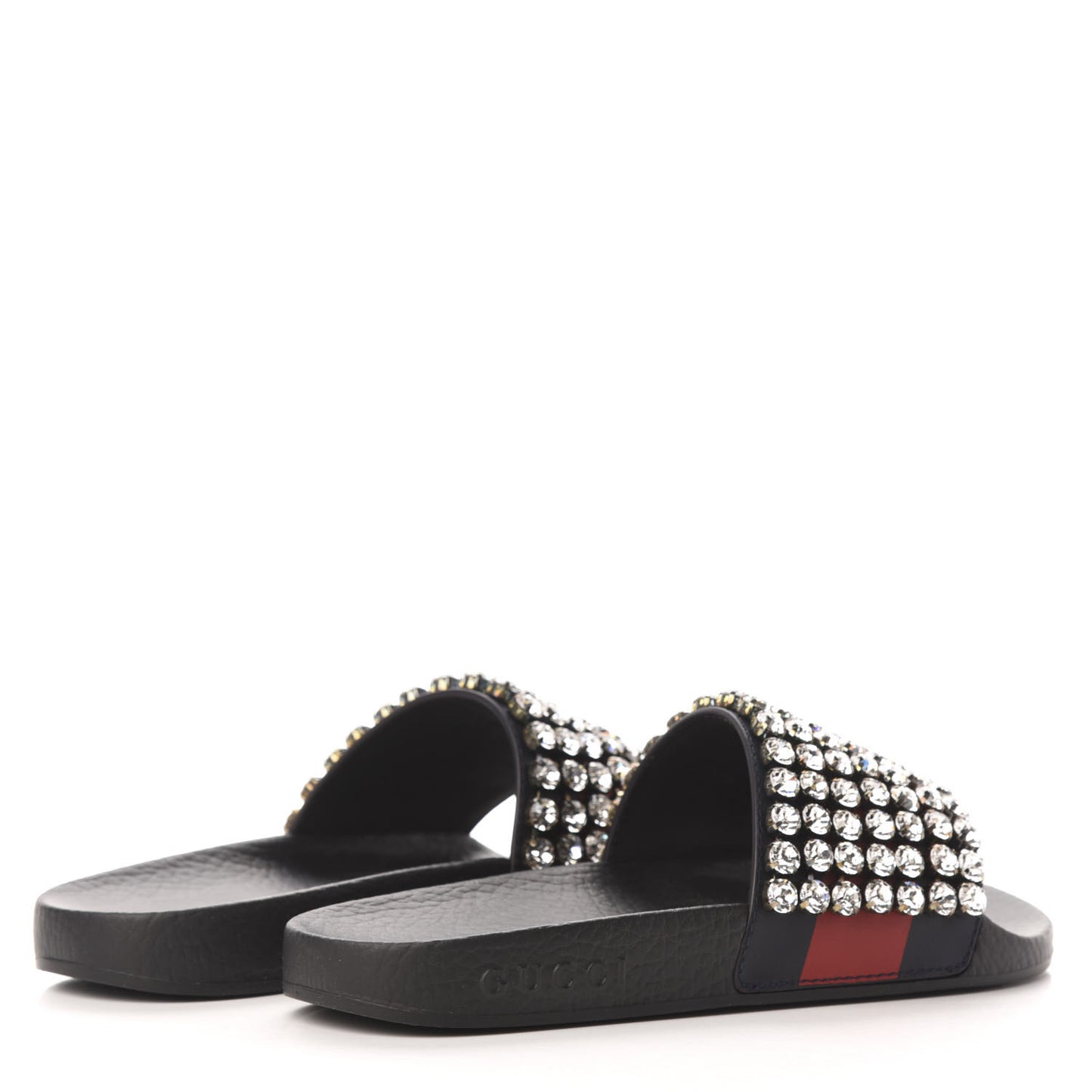 Calfskin Crystal Embellished Web Slide Sandals 35 Blue Red