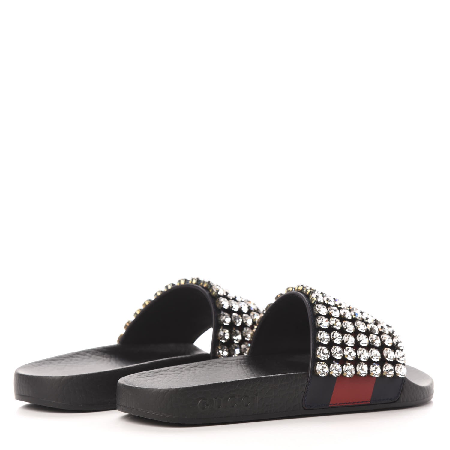 Gucci Calfskin Crystal Embellished Web Slide Sandals 35 Blue Red 4 of 8