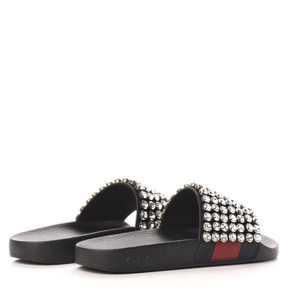 Gucci Calfskin Crystal Embellished Web Slide Sandals 35 Blue Red 4 of 8