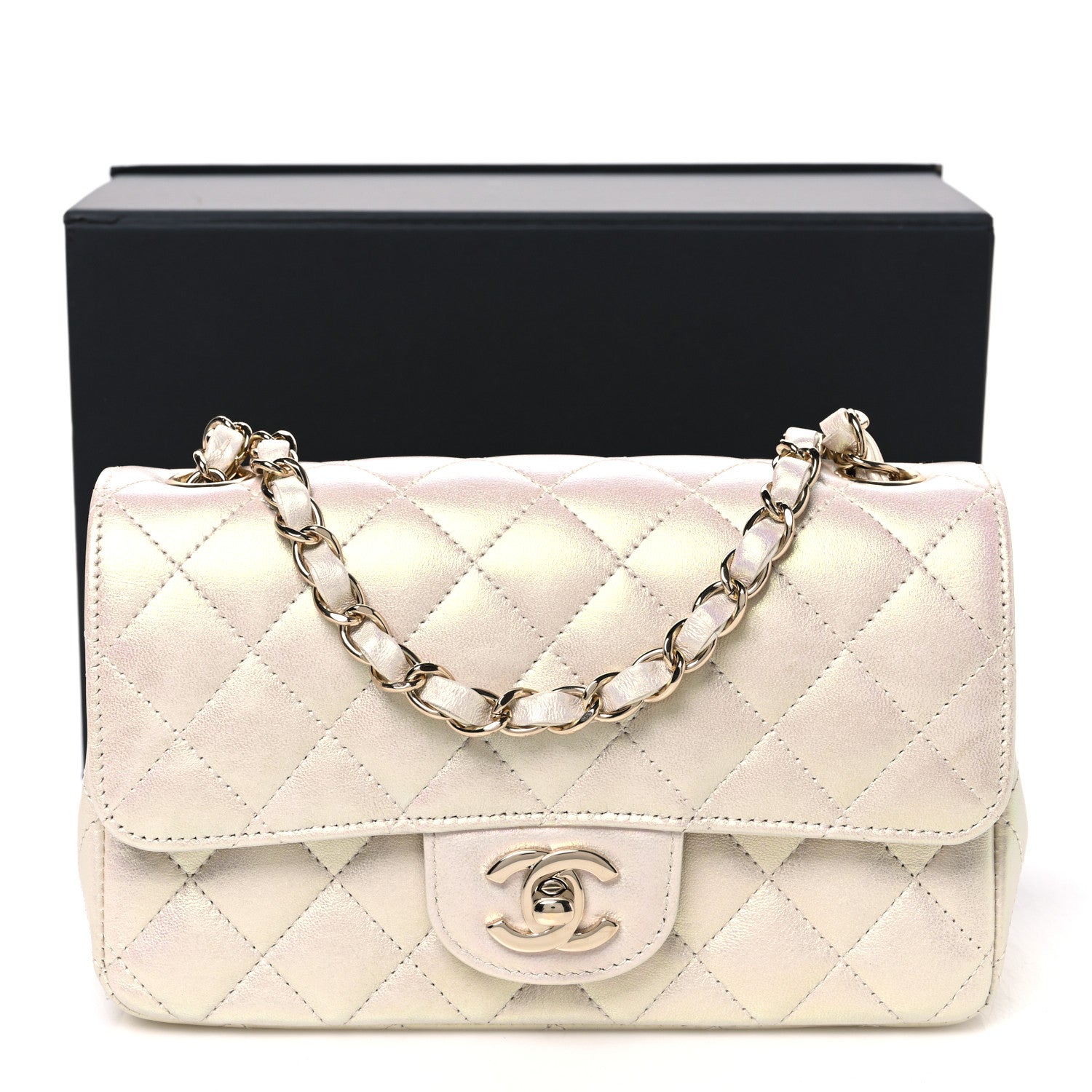 Chanel Iridescent Lambskin Quilted Mini Rectangular Flap Ivory