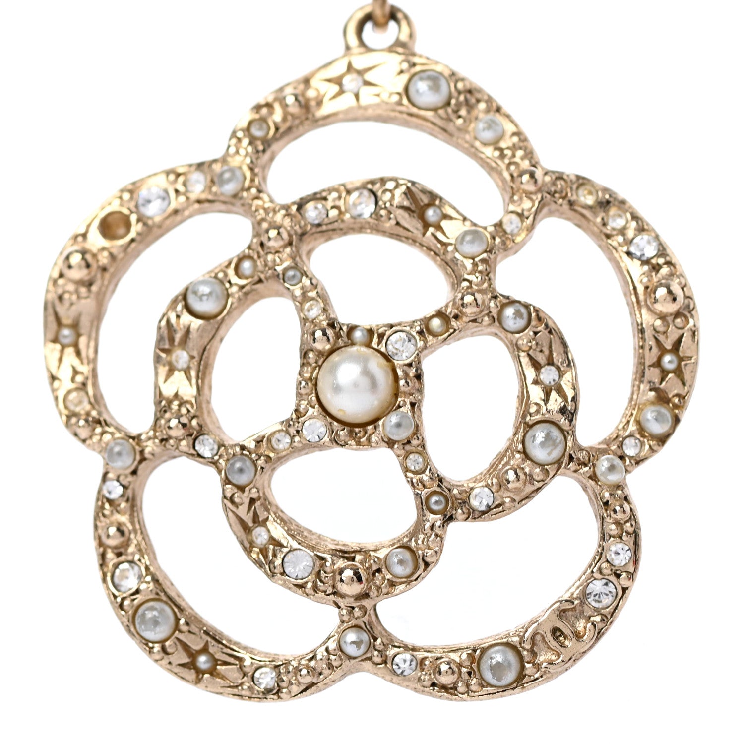 Chanel Crystal Pearl Camellia Necklace Gold 3 of 4