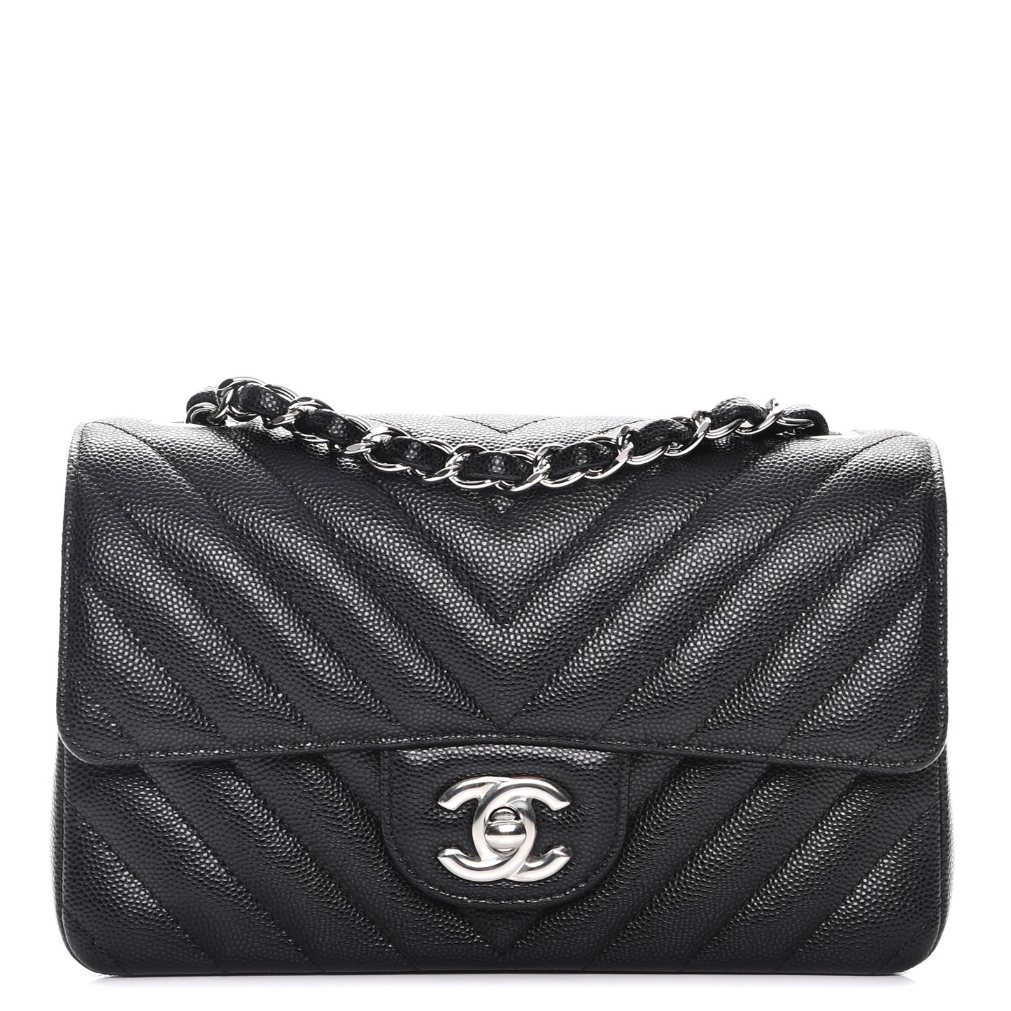 Caviar Chevron Quilted Mini Rectangular Flap Black