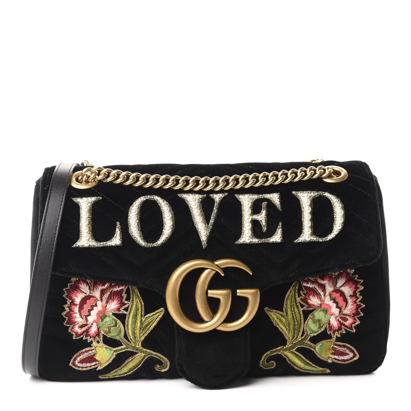 Velvet Matelasse Loved Embroidered Medium GG Marmont Shoulder Bag Black