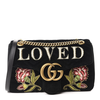 Gucci Velvet Matelasse Loved Embroidered Medium GG Marmont Shoulder Bag Black 1 of 11