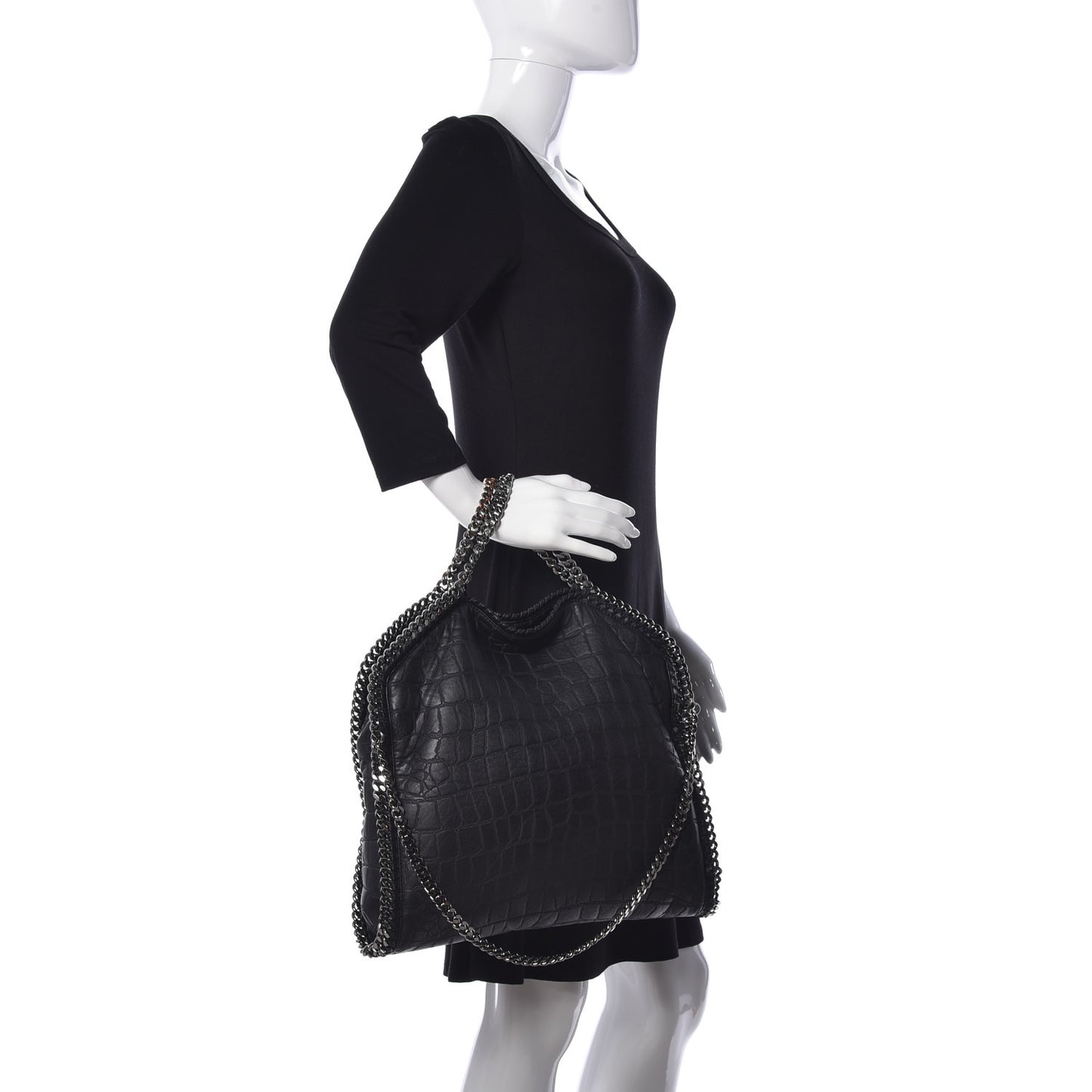 Crocodile Embossed Falabella Fold Over Tote Black
