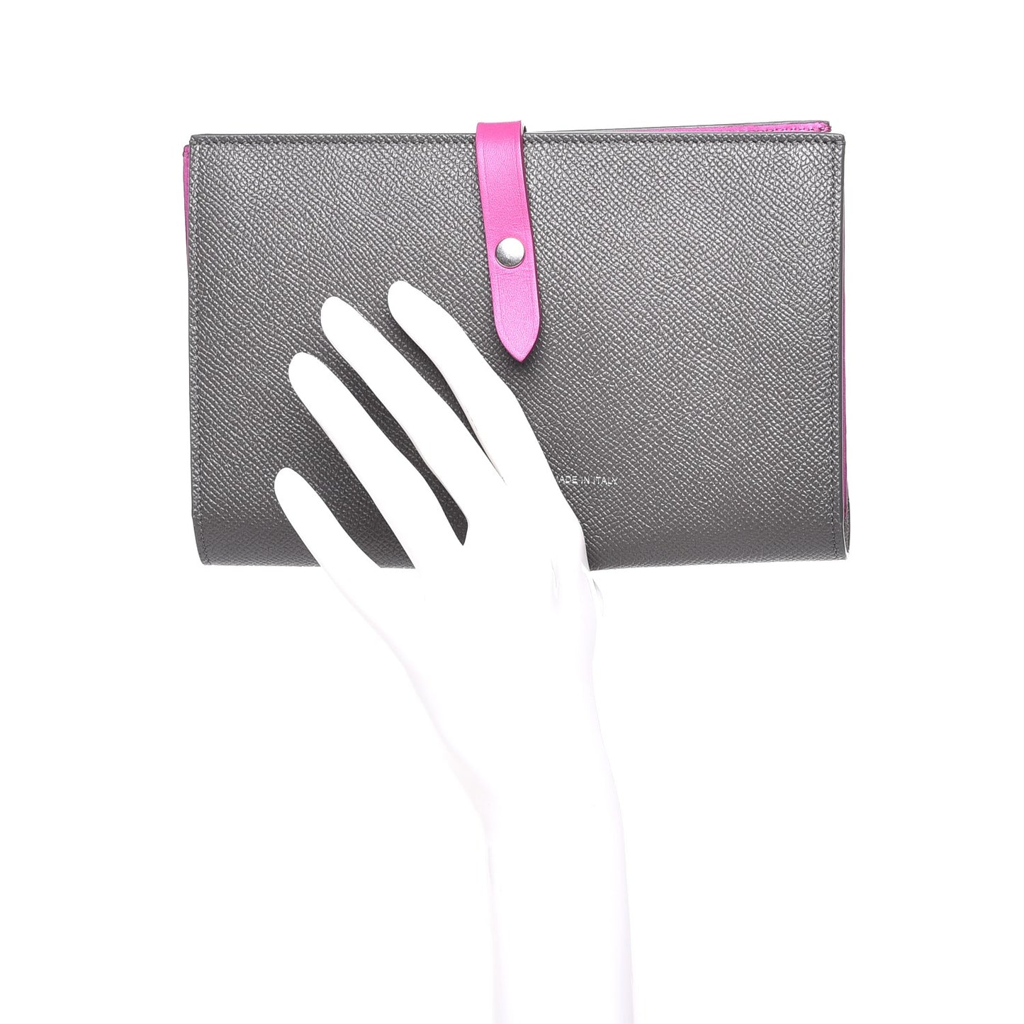 Grained Sleek Calfskin Large Multifunction Strap Wallet Grey
