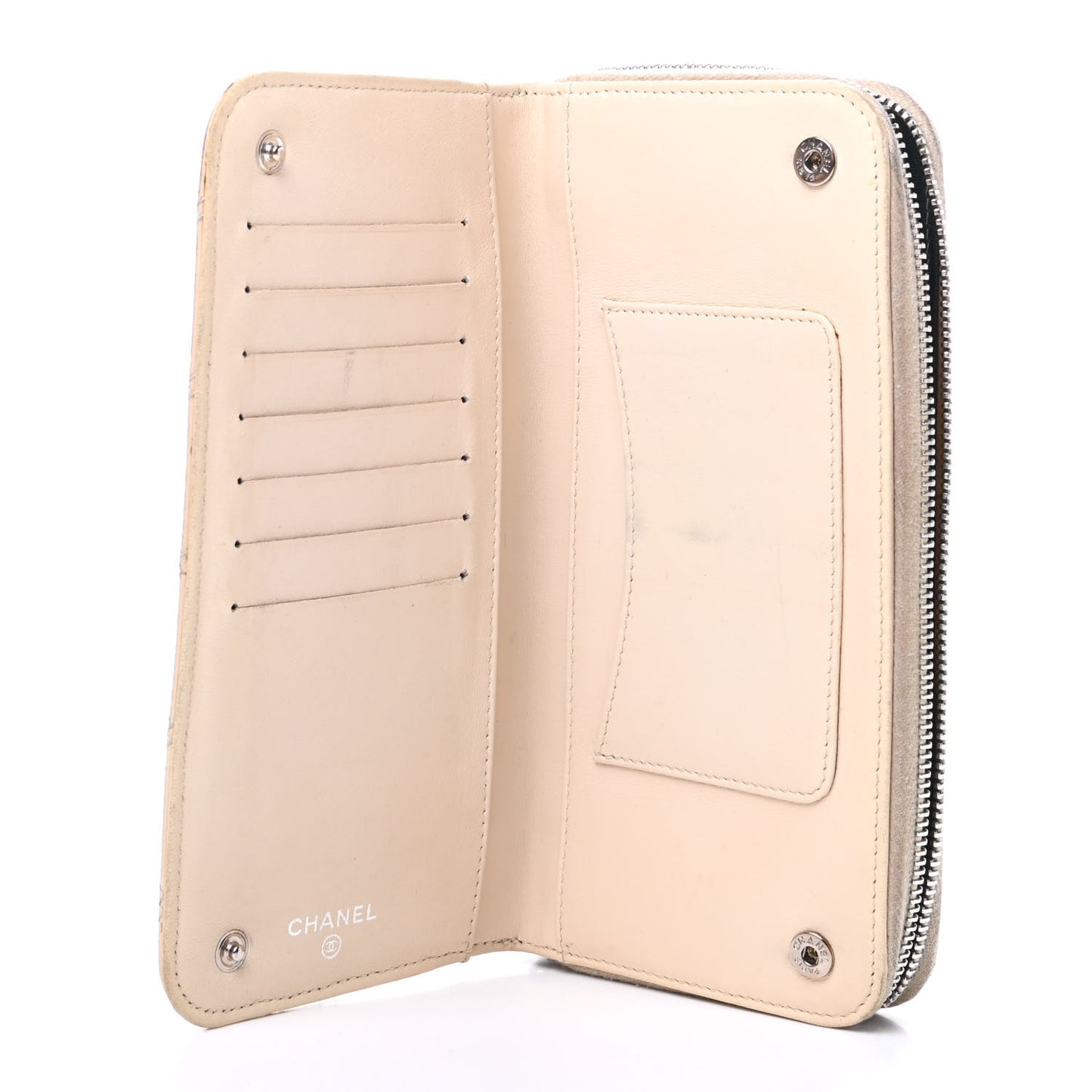 Aged Calfskin Diamond Stitched Zip Around Wallet White
