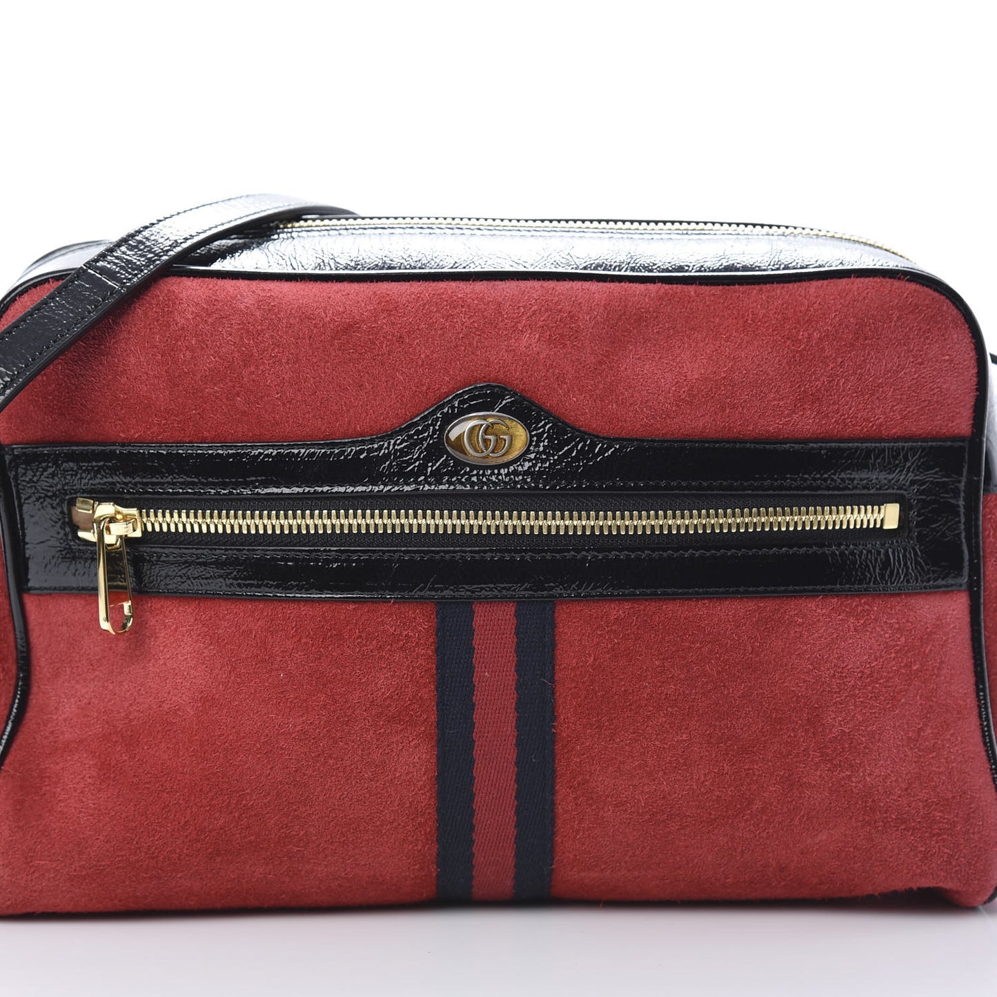 Suede Patent Web Small Ophidia Shoulder Bag Hibiscus Red Black