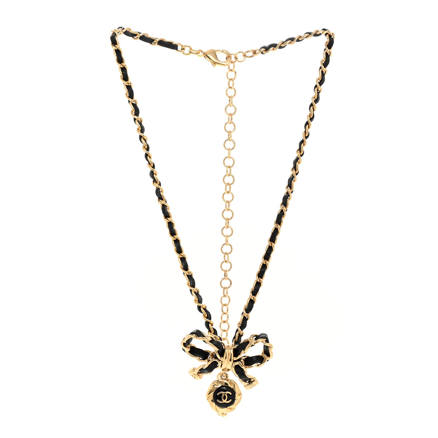 Chanel Metal Lambskin Chain CC Bow Necklace Black Gold 3 of 5