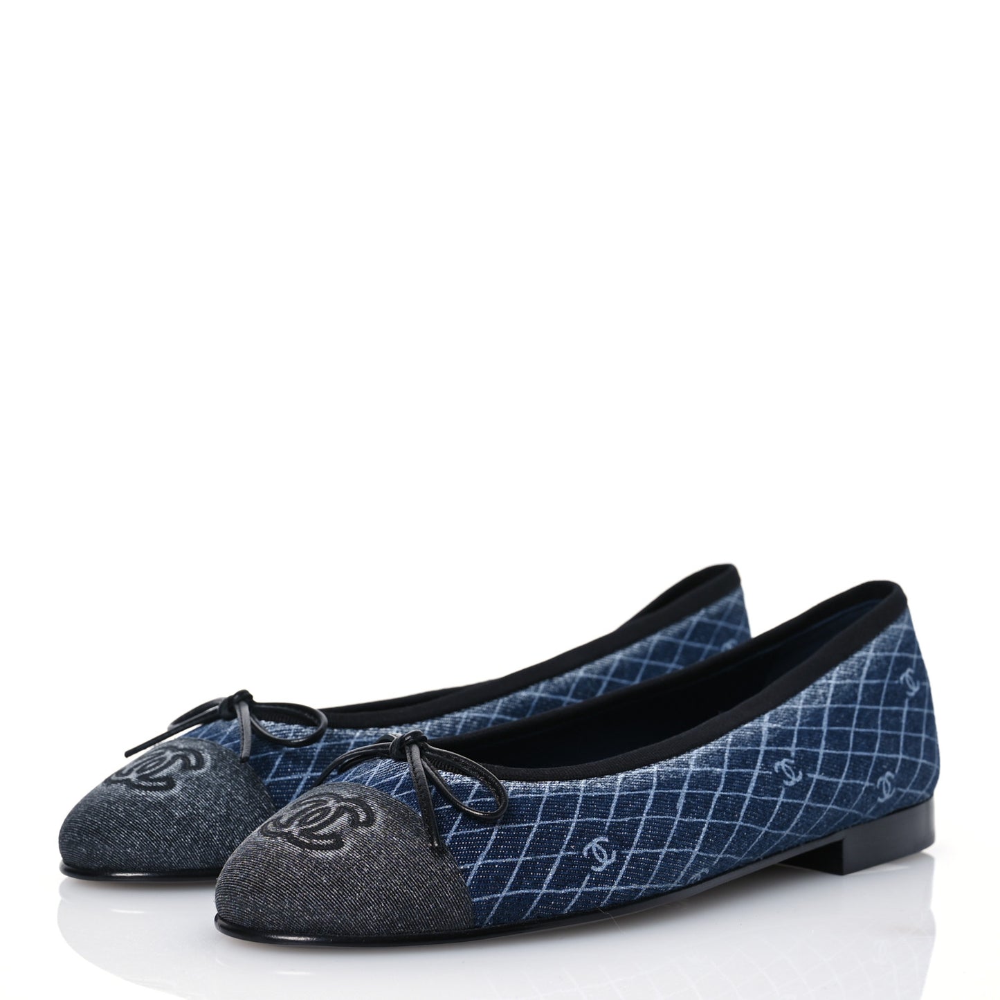 Denim Printed Quilt CC Cap Toe Ballerina Flats 38.5 Navy Blue Dark Grey