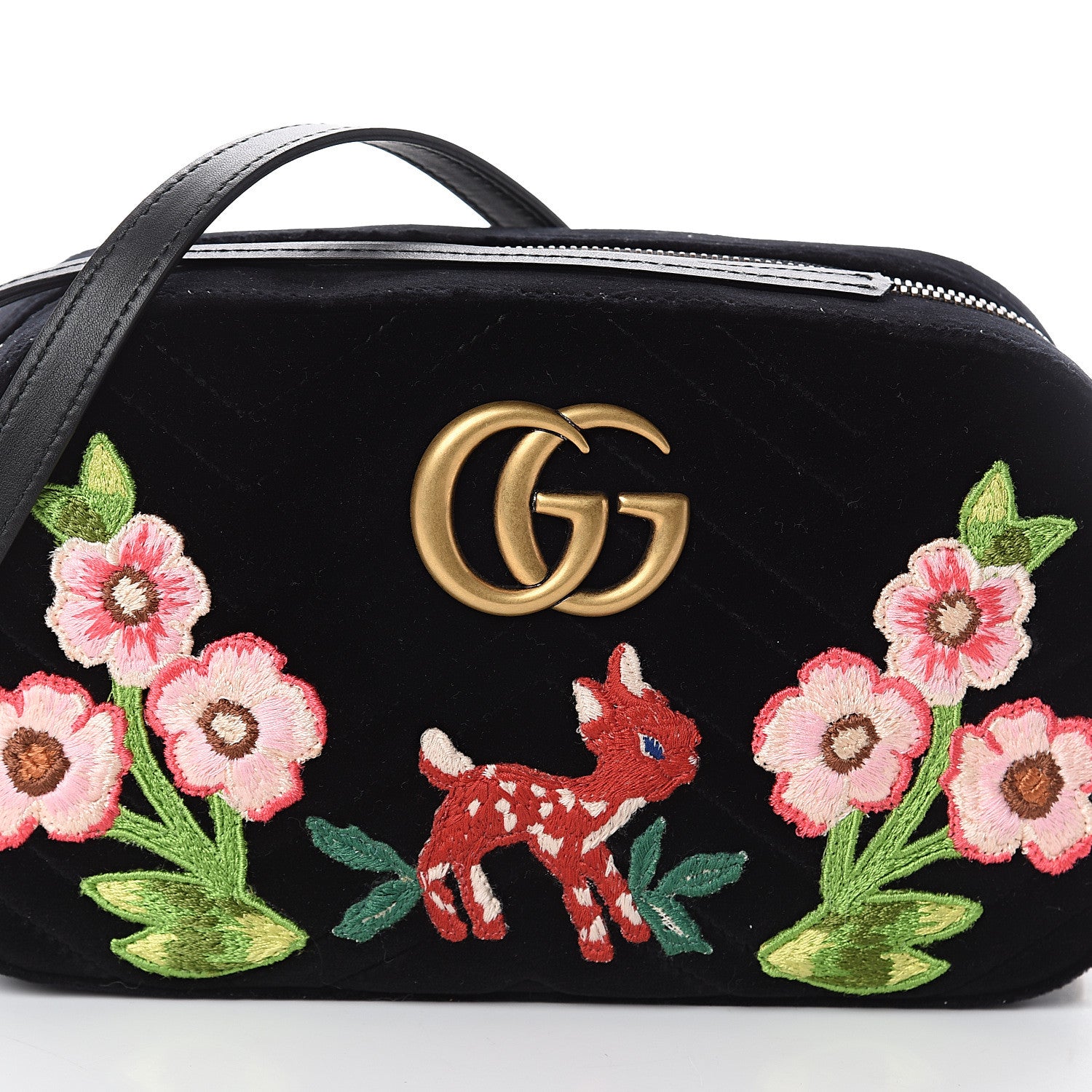 Gucci Velvet Matelasse Deer Embroidered Small GG Marmont Chain Shoulder Bag Black 6 of 8
