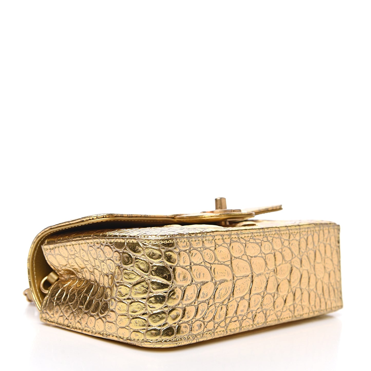 Metallic Calfskin Crocodile Embossed Rectangular Mini Flap Gold