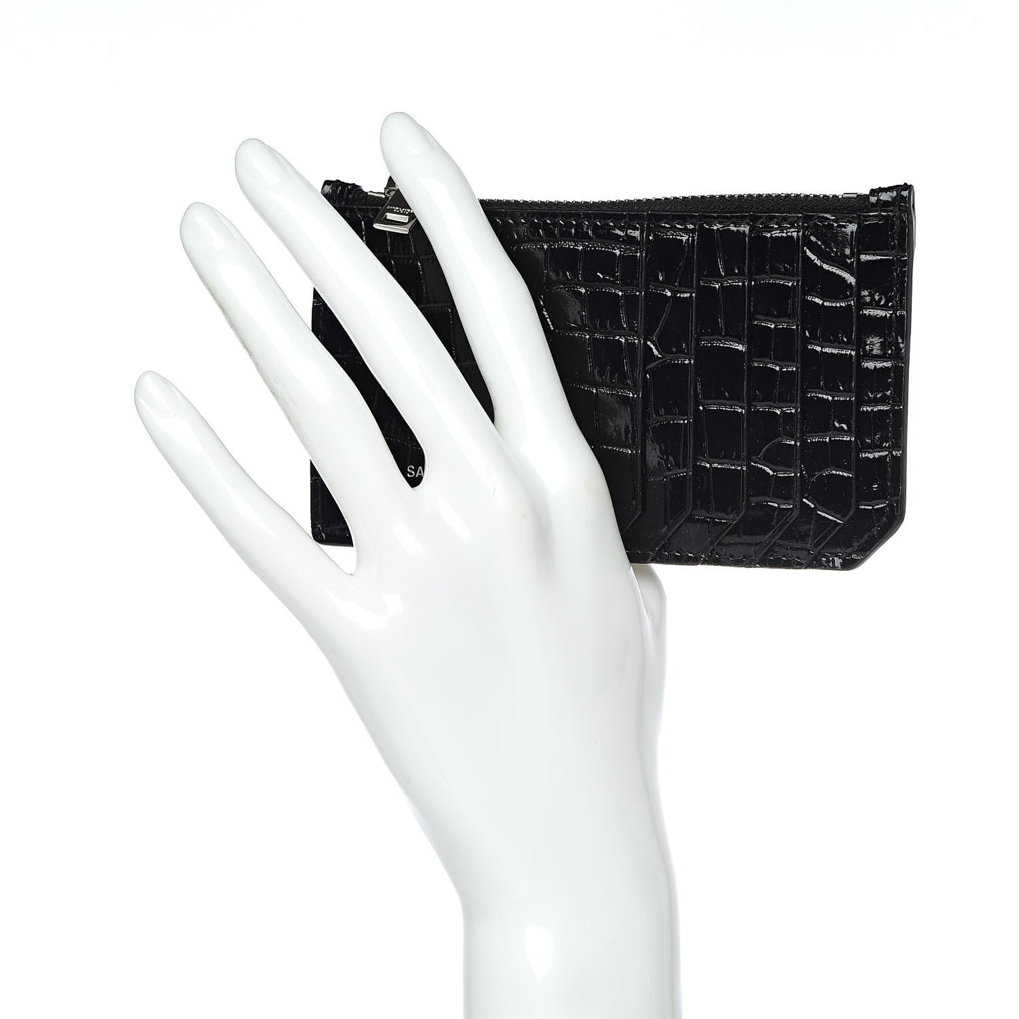 Calfskin Crocodile Embossed 5 Fragments Zip Pouch Card Holder Black
