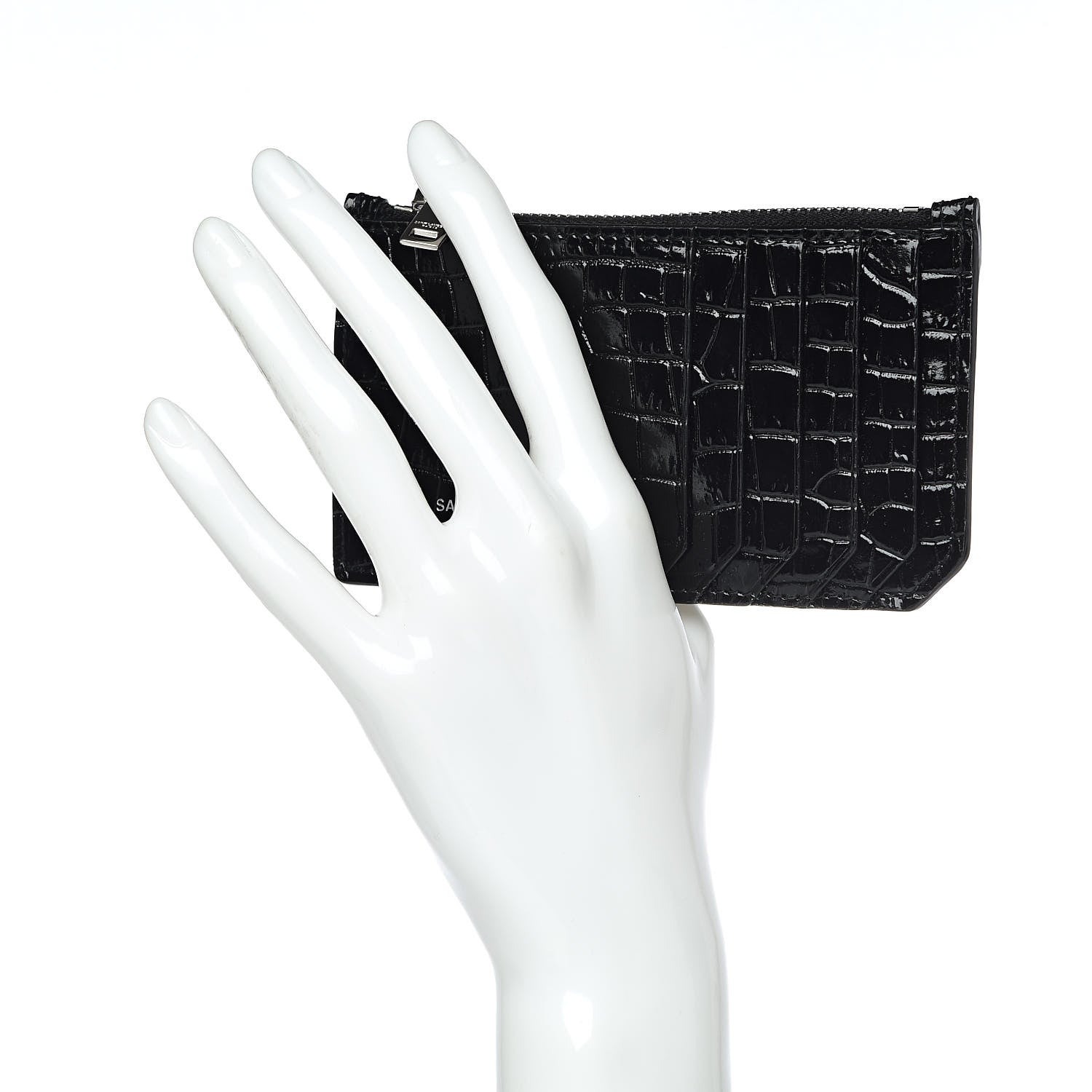 Saint Laurent Calfskin Crocodile Embossed 5 Fragments Zip Pouch Card Holder Black 2 of 7
