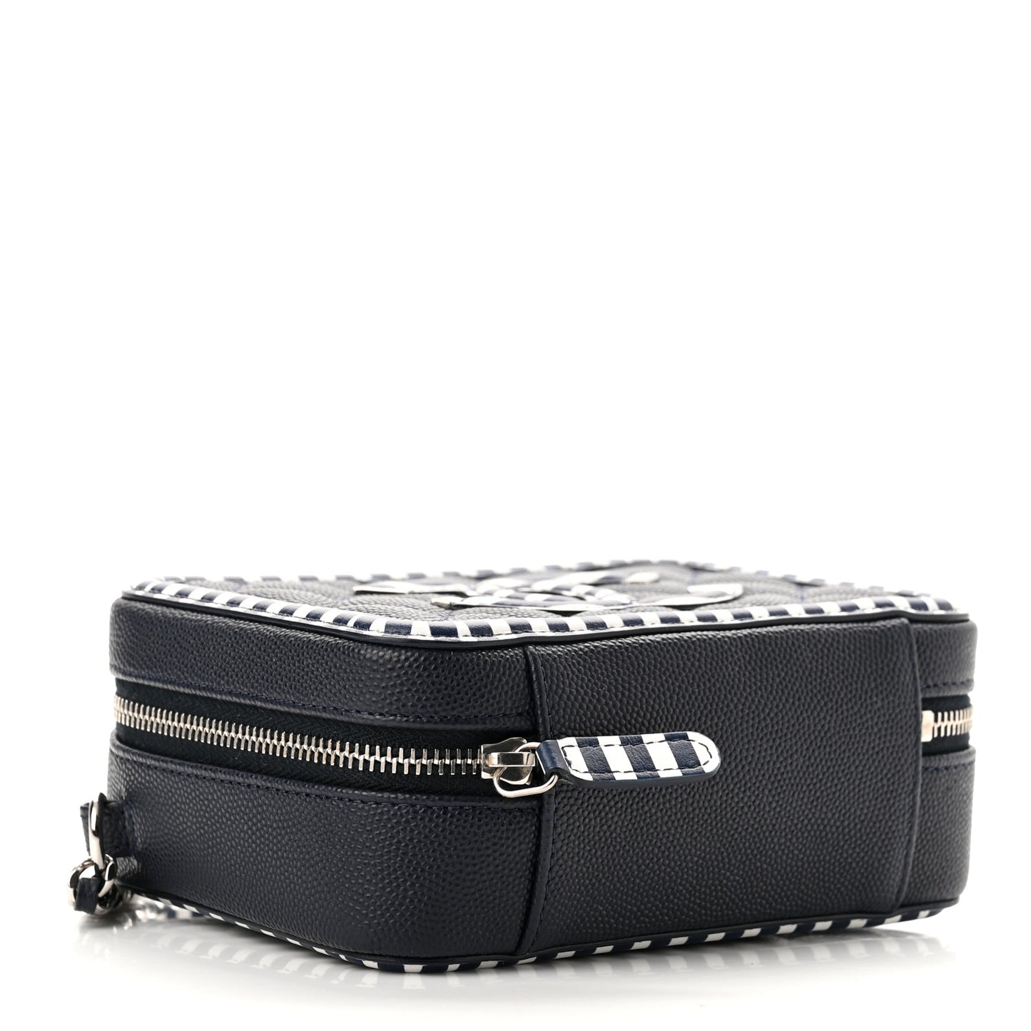 Caviar Quilted Striped Filigree Vanity Clutch With Chain Navy White