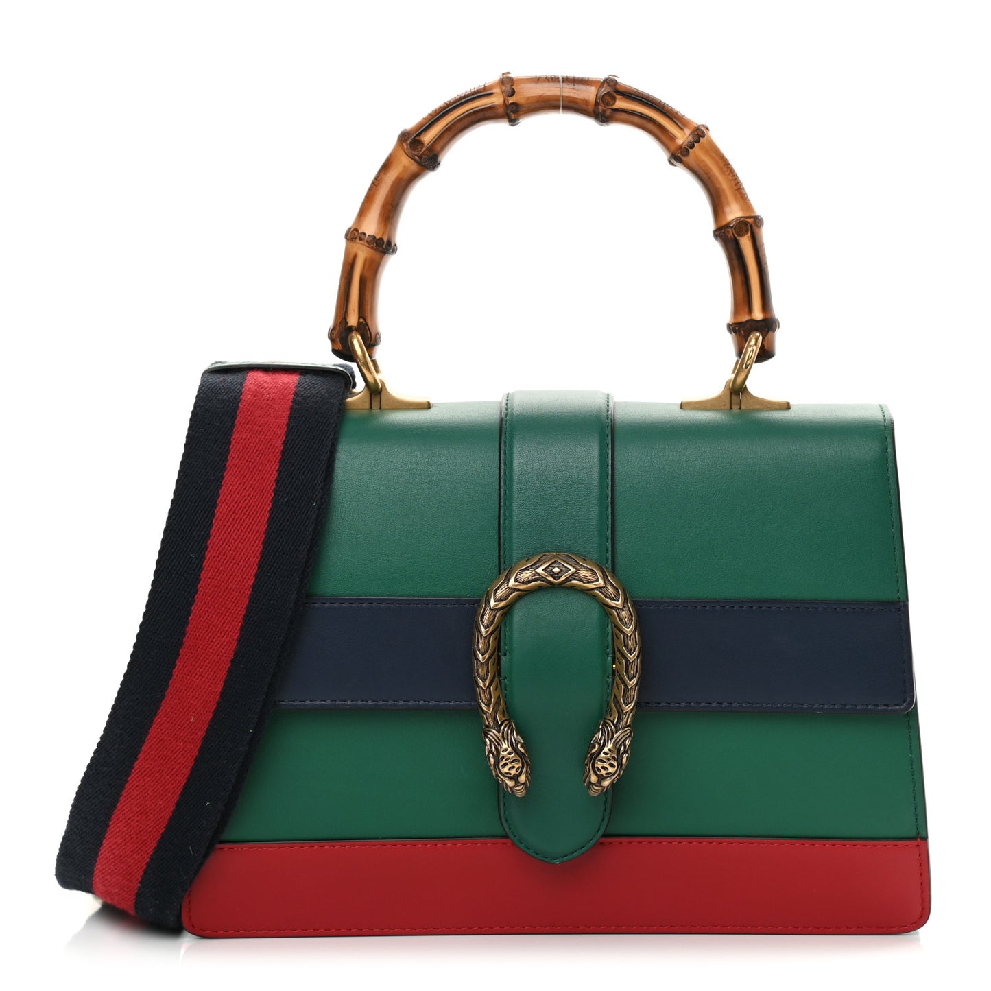 Moon Calfskin Web Medium Dionysus Bamboo Top Handle Bag Emerald Blue Hibiscus Red