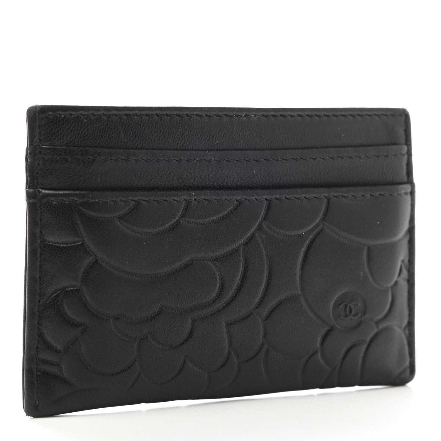 Lambskin Camellia Embossed Card Holder Black