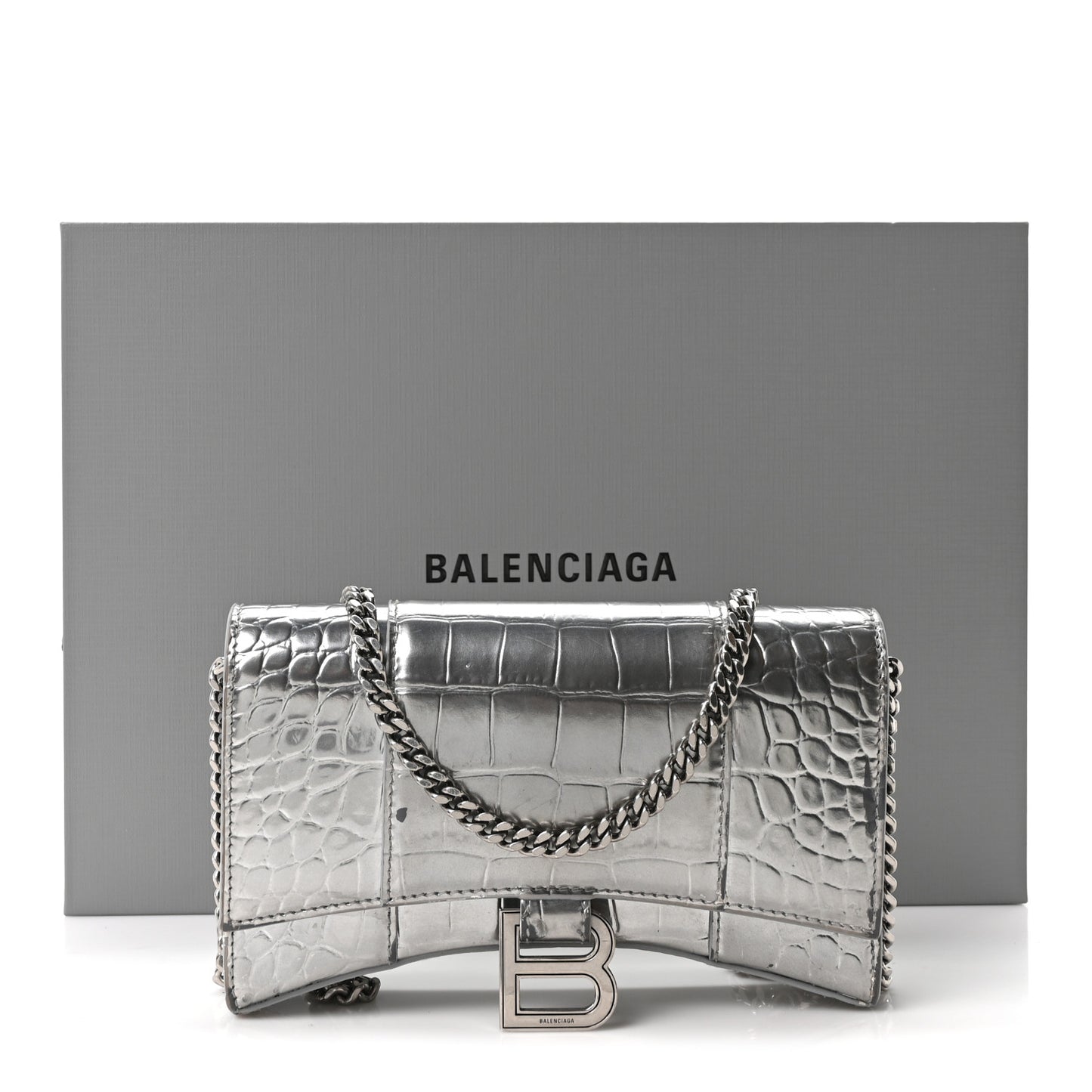 Metallic Calfskin Crocodile Embossed Hourglass Chain Bag Silver