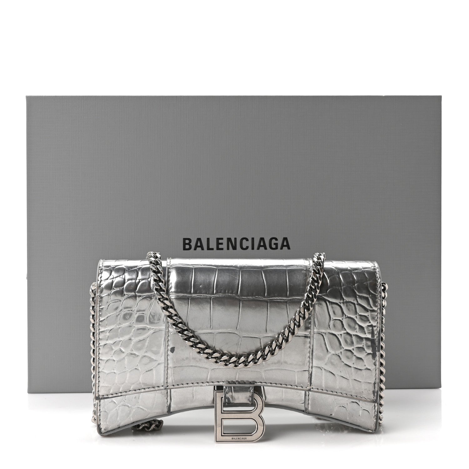Balenciaga Metallic Calfskin Crocodile Embossed Hourglass Chain Bag Silver 12 of 12