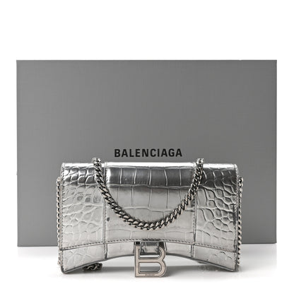 Balenciaga Metallic Calfskin Crocodile Embossed Hourglass Chain Bag Silver 12 of 12