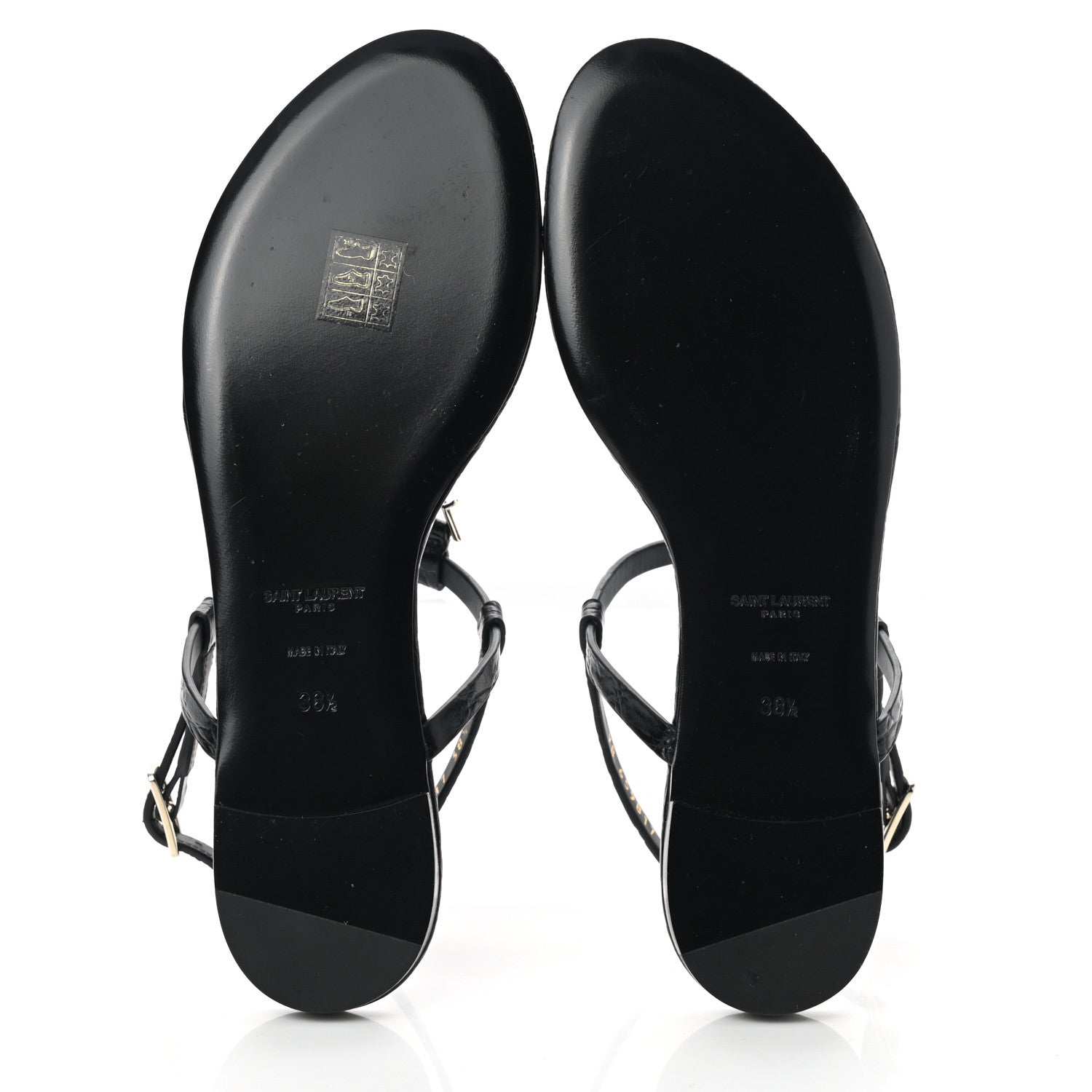 Saint Laurent Calfskin Crocodile Embossed Cassandra Monogram Sandals 38.5 Black 5 of 9