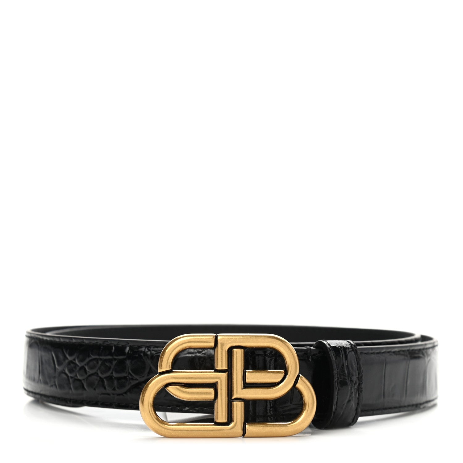 Balenciaga Shiny Calfskin Crocodile Embossed BB 25mm Thin Belt 80 32 Black 1 of 6