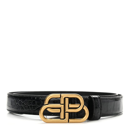 Balenciaga Shiny Calfskin Crocodile Embossed BB 25mm Thin Belt 80 32 Black 1 of 6