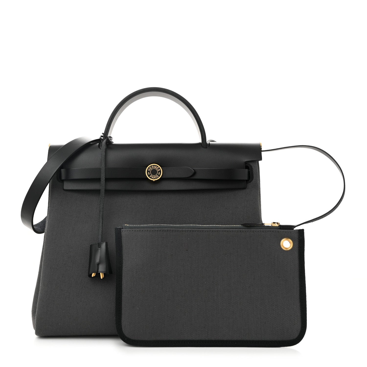 Hermes Military Toile Vache Hunter Laque Herbag Zip Retourne 31 PM Ardoise Black 3 of 12