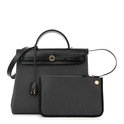 Hermes Military Toile Vache Hunter Laque Herbag Zip Retourne 31 PM Ardoise Black 3 of 12