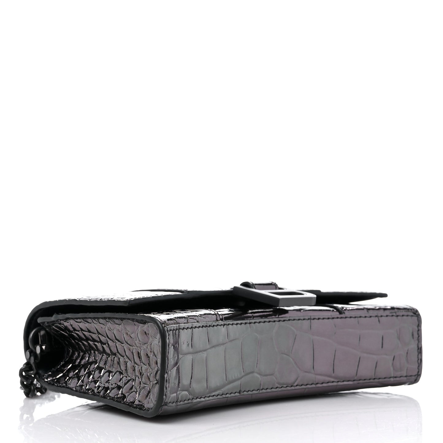 Shiny Calfskin Crocodile Embossed Hourglass Chain Bag Gunmetal