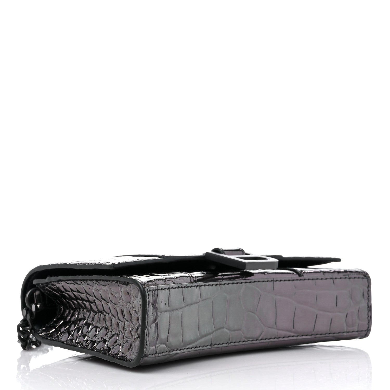 Balenciaga Shiny Calfskin Crocodile Embossed Hourglass Chain Bag Gunmetal 4 of 10