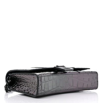 Balenciaga Shiny Calfskin Crocodile Embossed Hourglass Chain Bag Gunmetal 4 of 10