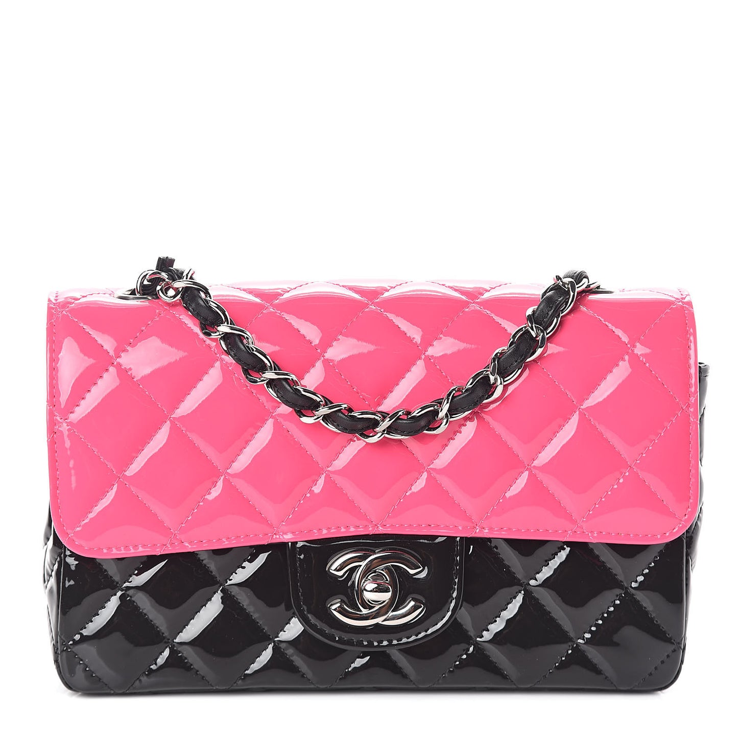 Patent Calfskin Quilted Bi-Color Mini Rectangular Flap Pink Black
